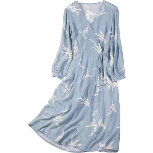 Women Summer Silk Dress V neck black white Vintage Natural silk dresses Elegant Dress Casual real silk floral wrap style dress