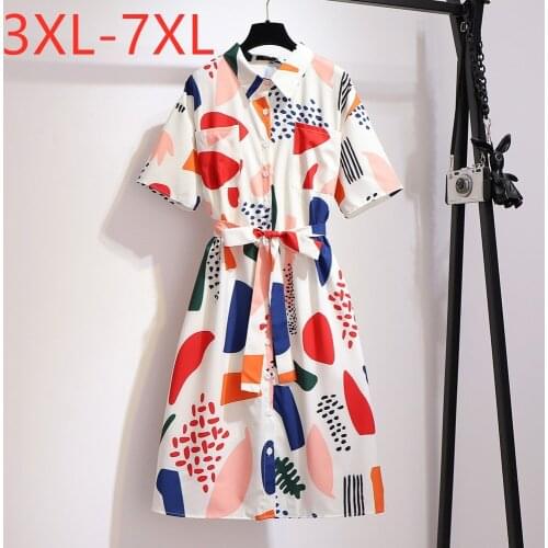 New 2021 Ladies Summer Plus Size Shirt Dress For Women Large Short Sleeve Loose White Print Chiffon Dress 3XL 4XL 5XL 6XL 7XL