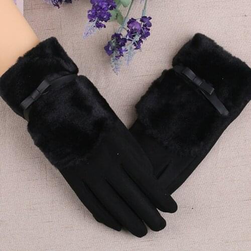 Winter Female Plush Bow Cycling Warm Mittens Women Suede Leather Plus Velvet Thick Full Finger Touch Screen Driving Gloves J27