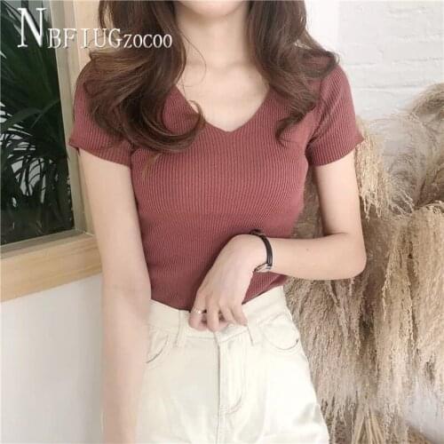 2020 Summer V Neck Short Sleeve Women T Shirt Knitting Refreshing Female Tee Shirts