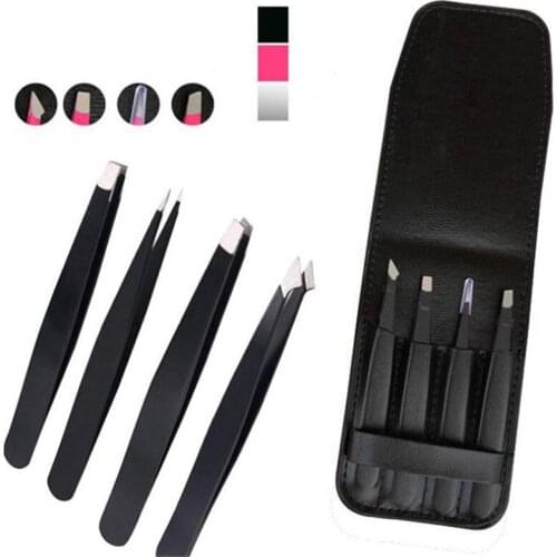 4 Sets Of Hot black Eyebrow Tweezers set Stainless Steel Pointed / Tilted Pointed / Flat Hair Removal Makeup Kit