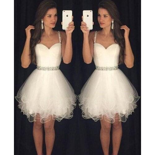 White Homecoming Dresses A-Line/Princess Sweetheart Above Knee, Mini Tulle Short Prom Dress With Beading