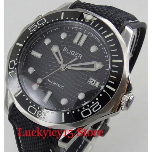 BLIGER Round Automatic 41mm Mens Watch Wave Dial Ceremic Rotating Bezel With Sapphire Glass Rubber Strap