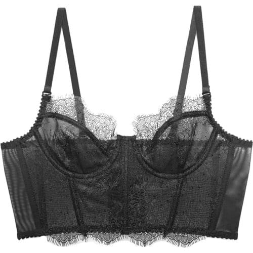 3/4 Cup Lace Bra Top Female Sexy Lingerie Ultra Thin Transparent Bras For Women Push Up Gather Underwear Vest Brassiere A B C