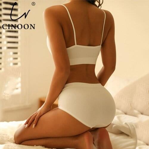 CINOON Sexy Seamless Women Bra Set Cotton Tops Low Waist Ribbed Underwear Set Soft Active Wear Lingerie Stretchy Tank Crop Top