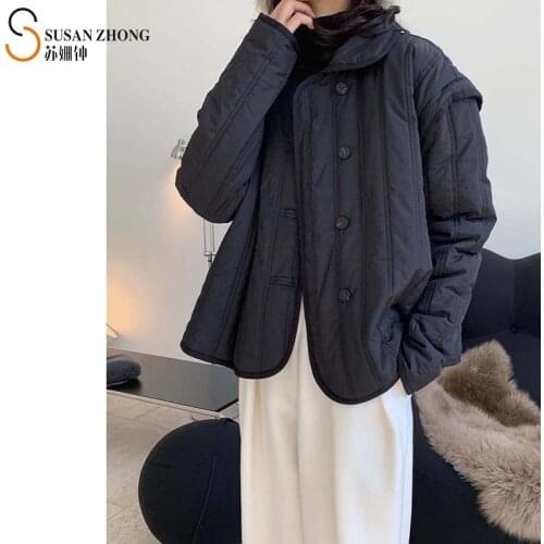 Women Coats Female Puffer Lady Padded Jacket Short Cozy Athleisure Fall Winter Loose Turn-Down Collar Quilted Attachable Sleeve