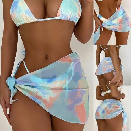 Summer bikini sexy bikini high waist bikini Women Tie-dye Print Bikini Swimwear Beachwear Silk Scarf Mesh Smock Skirt thong swim