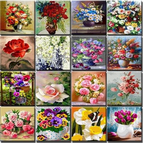 Paint By Numbers Flower Set Colorful Oil Picture Drawing Canvas Frame Acrylic Paint For Adults Kits Coloring By Number Decor Art