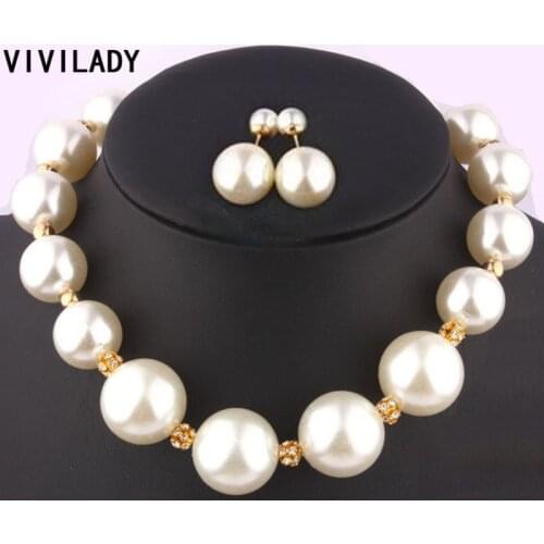 VIVILADY Fashion Jewelry Sets Imitation Pearl Crystal Necklace Earrings 2pcs/set Women free shipping Bijoux Accessory Party Gift