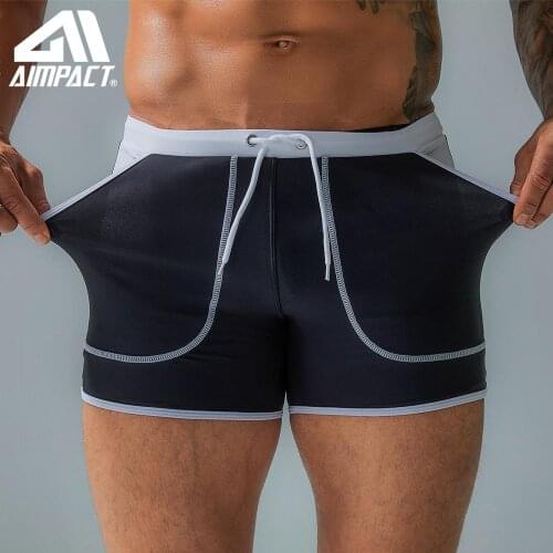 Aimpact New Mens Swim Short Trunks Fashion Man Sexy Square Cut Swimwears With Pockets Surf Beach Bathsuit AM8234