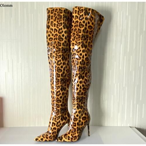 Olomm Handmade Women Shiny Thigh High Boots Stiletto Heels Pointed Toe Gorgeous Leopard Night Club Shoes Women Plus US Size 5-15