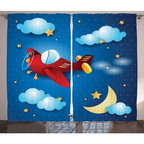 Plane Curtains Retro Airplane Moon and Stars Cartoon Living Room Decor Curtains Bedroom Window Drapes Curtains for Kitchen