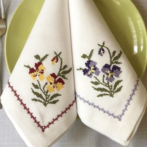 RD2102 2pcs Fragrant Viola cornuta, Pansy Cross stitch, Embroidery Napkin, Cotton & Washable Table Decor Home Airbnb Hotel