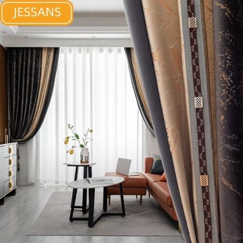 Nordic High-end Flannel Black Gold Lace Stitching Blackout Curtains for Living Room and Bedroom Customized Products