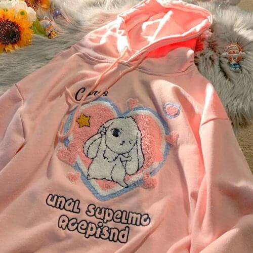 Streetwear Pink Tops Cute Rabbit Embroidery Graphic Hoodies Plus Size Sweatshirt 2021 Autumn New Harajuku Fashion Teens Clothes