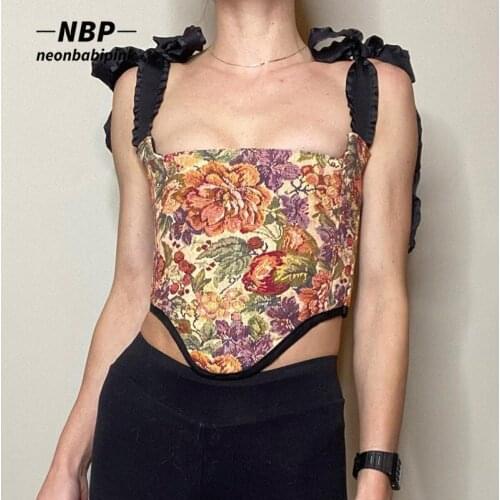 NEONBABIPINK Vintage Floral Cropped Corset Womens Summer Shirts Cottagecore Backless Lace Up Tank Top Aesthetic Clothes N71-BG10