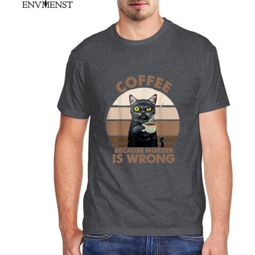 Funny cat t shirt Black Cat Coffee Because Murder Is Wrong Vintage Mens Shirt Short Sleeve Funny Unisex cotton short sleeve tee