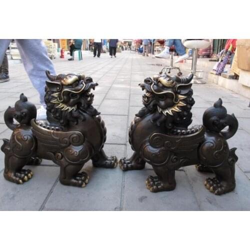 Chinese Bronze Wealth fly Kylin Kilin Chi-lin Qilin Foo Dog Guardian Lion Statue