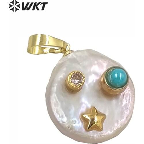 WT-MP140 Natural Freshwater Pearl Pendant & CZ Paved Round Shape Pearl With Multi Color stone paved Pearl Charm Pendant jewel