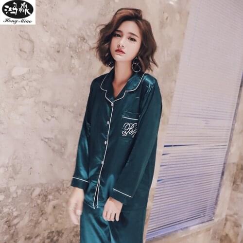 Women Long Pajamas Sets 2018 Autumn Artificial Silk Solid Color Long Sleeve Pajama Suits Grils Sweet Shirts Pajamas Sleepwear