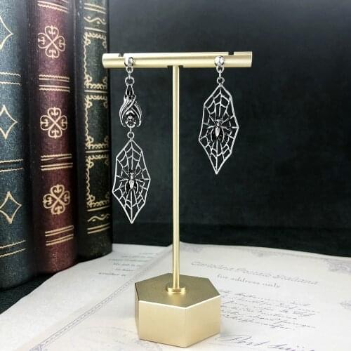 Fashion Popular Ornament Punk Dark Series Ancient Silver Color Spider Net Small Bat Asymmetric Earrings Ear Stud Dangle Earrings