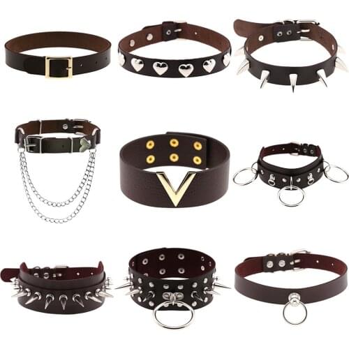 Harajuku PU Leather Choker for Women Adult Sexy Collar Brown Big Bell Circle Pendant Necklace Neck Strap Clavicle Chain Jewelry