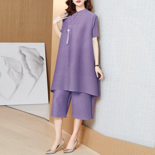 Women 2 Tow Piece Retro Button Short Sleeves Improved Cheongsam Top Wide Leg pant Miyak Pleated Loose Plus Size Clothes Set