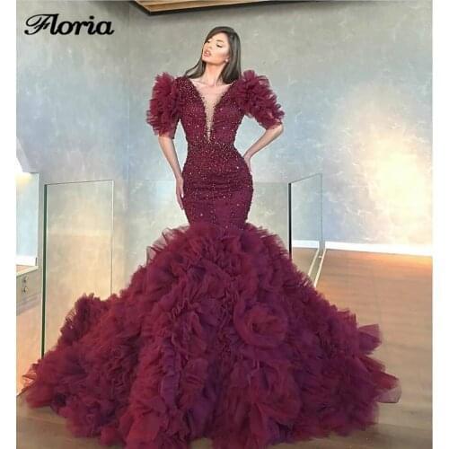 Mermaid Evening Dresses For Dubai Arabic 2020 Robe De Soiree Kaftans Moroccan Beading Tiered Prom Gowns Celebrity Dresses Women