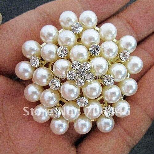 1.8 Inch 18KGP Cream Pearl and Rhinestone Crystal Wedding or Party Pin Brooch