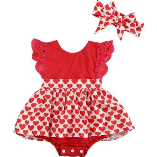2020-12-28 Lioraitiin 0-24M Newborn Baby Girls Lace Hem Love Heart Printing Patchwork Outfits Sets Romper Dress Bowknot Headband
