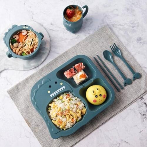 4Pcs/Set Bowl Spoon Cartoon Plates Children Tableware Anti-hot Dinosaur Pattern Eco-friendly Kids Feeding Dishes Set for Home