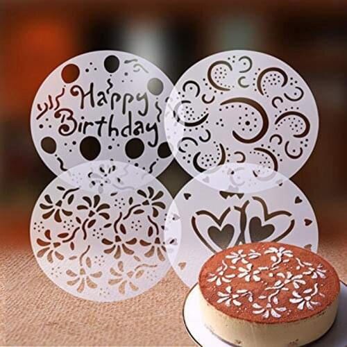 4Pcs/Set DIY Birthday Cake Spray Mold Decorating Heart Words Screen Printing Film Coffee Tiramisu Decorating Bakery Tool