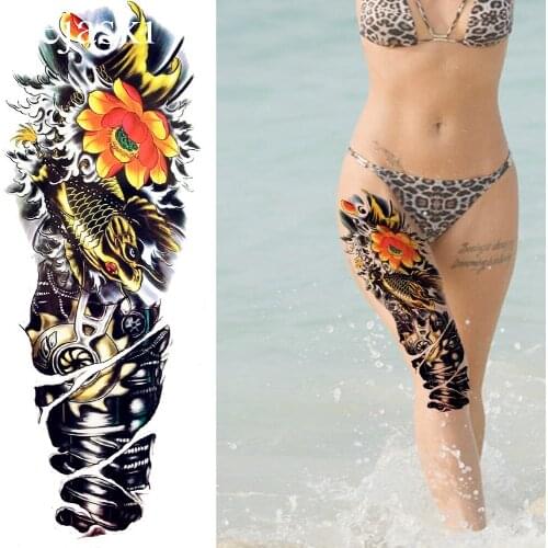 48x17CM Yellow Flower Totem Temporary Tattoo Women Full Arm Art Drawing Tattoo Stickers Girl Party Shoulder Waterproof Tatto Leg