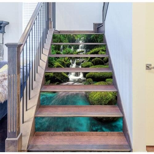 6/13pcs Mountains and Rivers Waterfall Stairway Wall Sticker Stairs Step Floor Decoration Wallpaper Peel & Stick Vinly Art Mural
