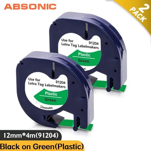 Absonic 2PK Black on Green Label Tape 91334 Replace DYMO 91224 91204 12mm High Adhesive Tape for DYMO Letratag LT-100H XM Print