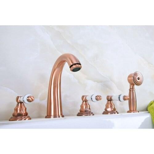 Antique Red Copper Brass Deck 5 Holes Bathtub Mixer Faucet Handheld Shower Widespread Bathroom Faucet Set Basin Water Tap atf234