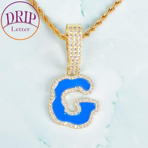 Blue Oil Letters Solid Back Single Bubble Letters Free Rope Chain Necklaces For Men Women AAAA Cubic Zircon Hip Hop Jewelry