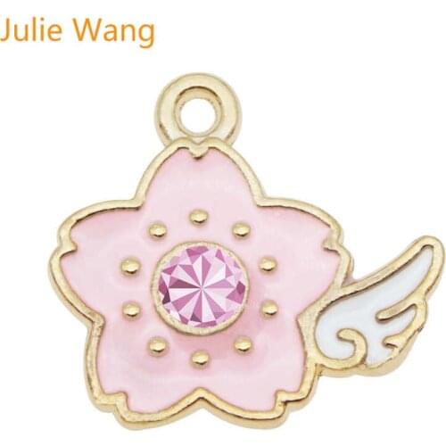 Julie Wang 10pcs Enamel Pink Flowers Wing Charms With Rhinestone Gold Tone Pendant Necklace Bracelet Jewelry Making Accessory