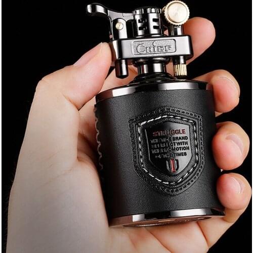 Kerosene Grinding Wheel Lighter Large Metal Carving with Leather Cigarette Lighter Mens Gift Cigar Accessories