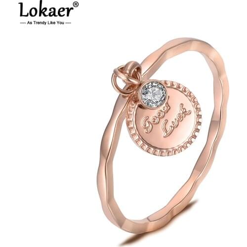 Lokaer Trendy Stainless Steel Ring Rose Gold Color AAA CZ Zircon Sinusoid Shape Ring Hang 'Good Luck' Coin Christmas Gift R18143