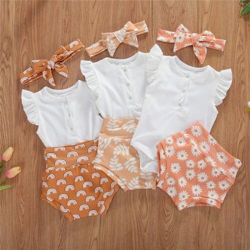 0-18M B Newborn Baby Girls 3-Piece Outfit Set Fly Sleeve Solid Color Romper+Print Shorts+Headband Set Toddler Summer Set