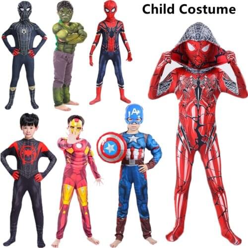 Child Marvel Superhero Costume Spider-Man/Hulk/Black Panther Cosplay Jumpsuit Childrens Avengers Gloves/Shield Fantasy Props