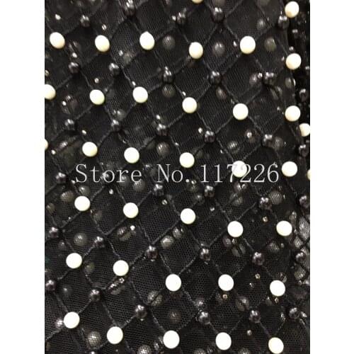 Nice design africanEmbroidered tulle mesh fabric with black and white beads JRB-120 Fashion lace fabric for party dress