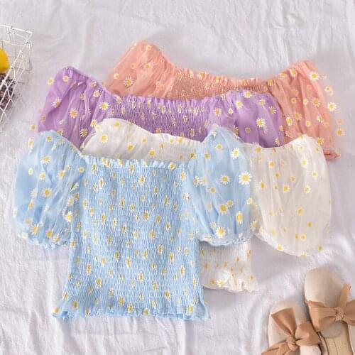 Sweet Fairy Chrysanthemum Off shoulders Blouses Puff Sleeve Short Shirts Womens Mesh Stitching Pleated Tops Blusas Mujer 2020