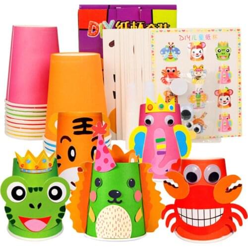 12PCS Kids Children DIY Handmade Paper Cups Craft Art Kit with 12 Animal Patterns for Kindergarten Preschool Educational Toys
