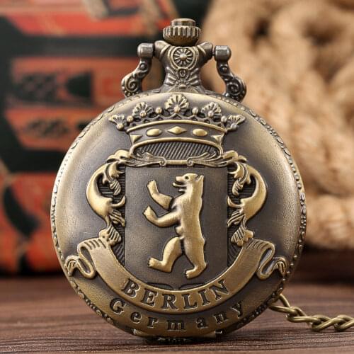 Germany Berlin Carved Quartz Pocket Watch Bronze Retro Necklace Pendant Clock Bear Round Dial Fob Watches Gifts for Men Women
