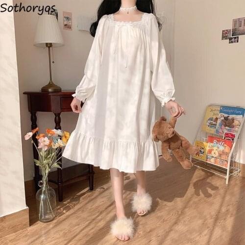 Nightgowns Women Spring New Square Collar Sweet White Lace Comfortable Solid Simple Kawaii Loose Leisure Students Silk Sleepwear