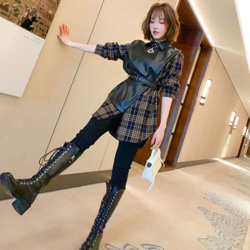 Winter New Womens PU Leather Sitching Retro Check Pattern Fake Two-Piece Shirt + Slim-Fit Denim Pants