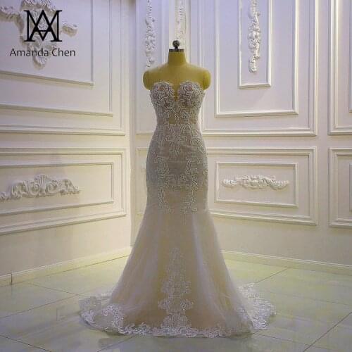 Beach Casual Strapless Lace Beading Appliques See Through Mermaid Wedding dress