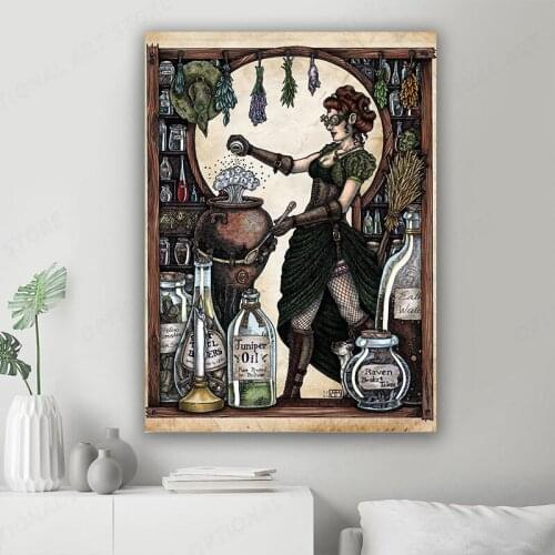 Industrial Witchcraft Witch Posters and Prints Vintage Girl Bottle Canvas Painting Retro Kitchen Office Wall Art Decor Pictures